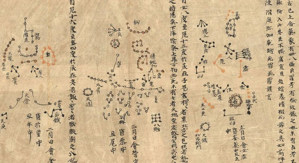 敦煌星图十二时角分段之一：朱墨两色星点与星官连线，注天狼、老人、王良等星名