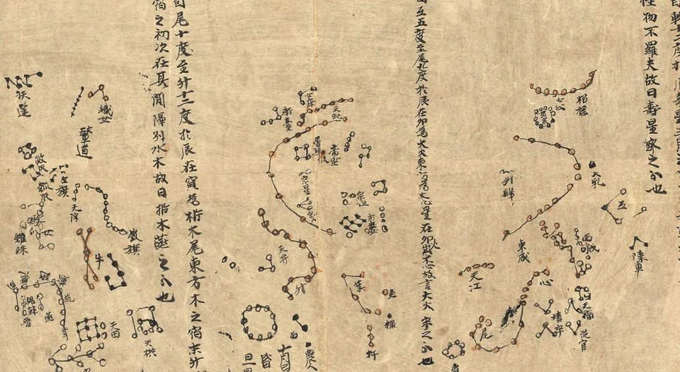 敦煌星图分段：星官成群连缀，注天江、积卒、傅说等星名